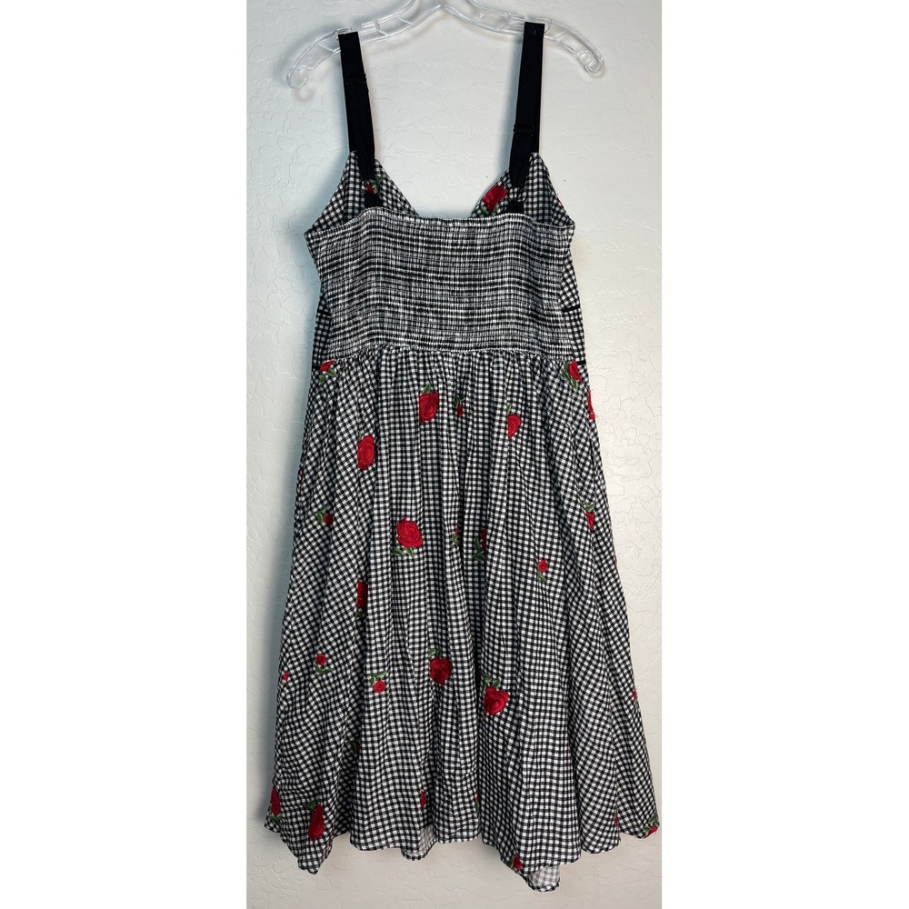 Unique Vintage Black & White Gingham Midi Dress with Red Rose Embroidery - Picture 4 of 6